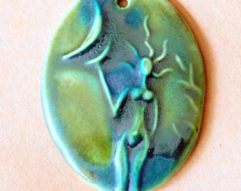 Spirit Goddess Bead - Ceramic Oval Goddess Pendant - Blessingway Bead - Venus holding the Moon -  Goddess Focal