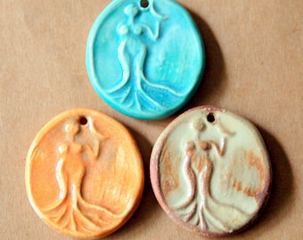3 Handmade Ceramic Beads - Venus Pendants - Goddess Pendant Beads in Summer Colors - Summer Charms in Aqua, Orange, and Rust