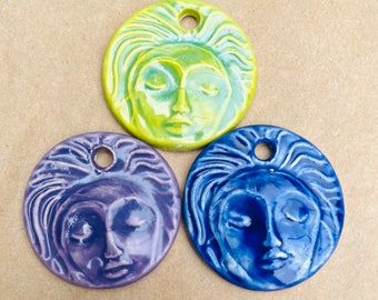 Meditation Face Ceramic Pendant in Spring Green Lavender or Blue - Handmade Meditation Face Blissful Pendant Bead with Extra Large Hole