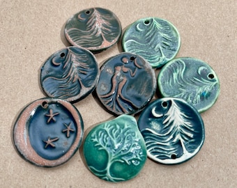 8 Handmade Ceramic Tree and Moon Pendants - Rustic Clay Focal Beads - Moon over Cedars, Tree of Life and Moon Charms for Jewelry and Crafts