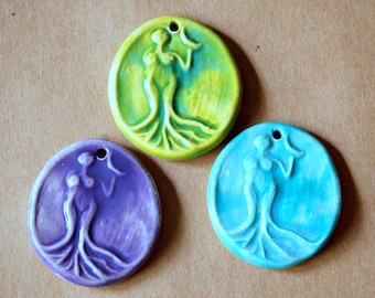 3 Handmade Ceramic Beads- Venus Holding the Moon Pendants in Spring Colors - Goddess Charms in Lavender  Spring Green and Aqua