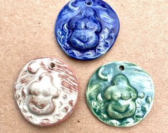 3 Handmade Ceramic Moon Goddess Pendants - Stoneware Goddess beads in Winter Colors - Earth Mother Venus in rust, blue and moss green