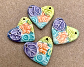 Peace Pendant - Handpainted Peace Heart Ceramic Charm - Boho Peace Sign Heart Pendant