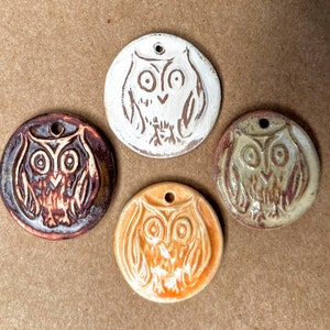 4 Handmade Ceramic Beads - Owl Pendants - Stoneware Owl Charms - Owls in Autumn Colors - Orange, Rust and Neutral Owl Pendants for Halloween