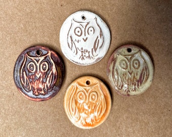4 Handmade Ceramic Beads - Owl Pendants - Stoneware Owl Charms - Owls in Autumn Colors - Orange, Rust and Neutral Owl Pendants for Halloween