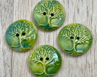 4 Ceramic Tree of Life Buttons - Spring Green Tree of Life Buttons -  Handmade Stoneware Buttons with Tree of Life Motif - Artisan Buttons