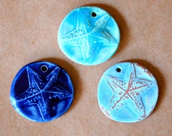 3 Handmade Ceramic Beads - Starfish - Ocean blue and aqua starfish pendant beads - Sea Star beads for Summer ocena themed Jewelry