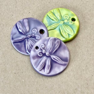 3 Handmade Ceramic Pendants - Large Dragonfly Stoneware Focal Charms in Spring Green and Lavender Glaze - Pottery Dragonfly Beads