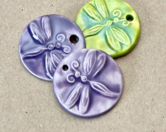 3 Handmade Ceramic Pendants - Large Dragonfly Stoneware Focal Charms in Spring Green and Lavender Glaze - Pottery Dragonfly Beads