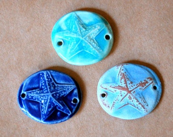 3 Handmade Starfish Ceramic Beads - Sweet Trio of Sea Star Bracelet Beads - Stoneware Links for Beach Jewelry - Macrame Hemp Supplies