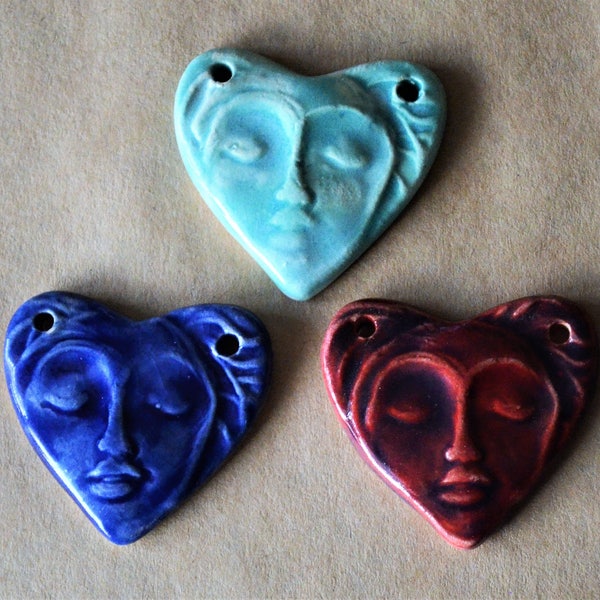 3 Sweet Ceramic Meditation Face Heart Pendant Beads in 3 unique glazes Serene Yoga Goddess