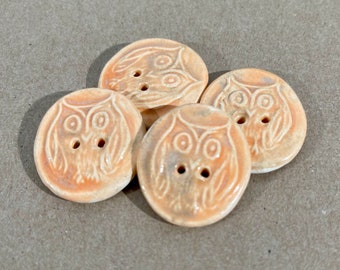 4 Owl Ceramic Buttons - Autumn Orange Clay Owl Buttons -  Handmade Stoneware Owl Buttons - Knitting and Crochet Supplies - Bird Buttons