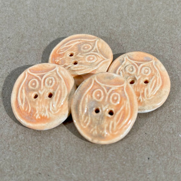 4 Owl Ceramic Buttons - Autumn Orange Clay Owl Buttons -  Handmade Stoneware Owl Buttons - Knitting and Crochet Supplies - Bird Buttons