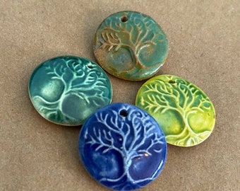 4 Handmade Ceramic Tree Pendants - Tree of Life Beads - Rustic Tree Charms for Woodland Creations - handmade clay jewelry supplies