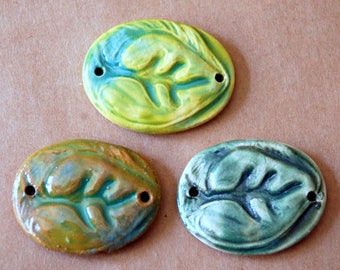 3 Ceramic Beads - Leaf Beads in Lovely Green Glazes - Handmade Bracelet beads with Large Leaf - Beads for Cuff or Wrap Bracelets