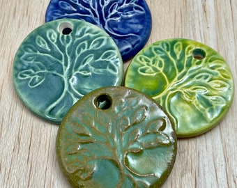 Tree of Life Ceramic Pendant - Extra Large Focal Bead with Extra Large Hole in Light and Bright Spring Green - Handmade Pendant