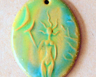 Green Goddess Bead - Ceramic Oval Goddess Pendant Bead - Venus holding the Moon - Blessingway Gift