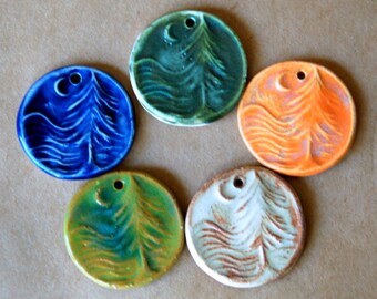 5 Handmade Ceramic Tree Pendants - Moon over Cedar Beads - Rustic Charms for Woodland and Earthy Creations - jewelry supplies