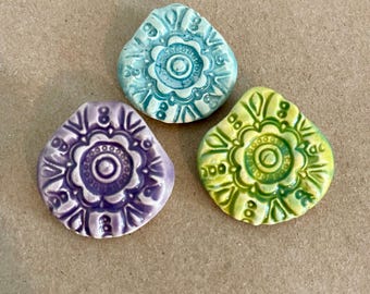 3 Handmade Ceramic Mandala Pendants - Pinch Top Flower or Mandala Charms in Bright Spring Colors - Craft Supplies for Handmade Hemp Jewelry