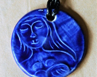 Handmade Ceramic Pendant with a Beautiful Blue Breastfeeding Mama - Blessingway Gift  - Mother's Day Gift - Aromatherapy Pendant