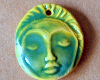 Handmade Ceramic Face Pendant - Light and Bright Meditation Face Bead - Boho Jewelry Supplies - Yoga Jewelry