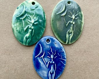 3 Handmade Goddess Pendants - Ceramic Goddess - Clay Venus Pendants - Blessingway Beads - Green Goddess Focals for Spiritual Jewelry