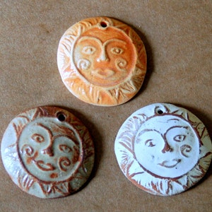 3 Handmade Ceramic Sun Pendants Sun Beads in neutral, rust, and orange Summer Sun Charms made of Clay Rustic, Boho Sun Focals image 1