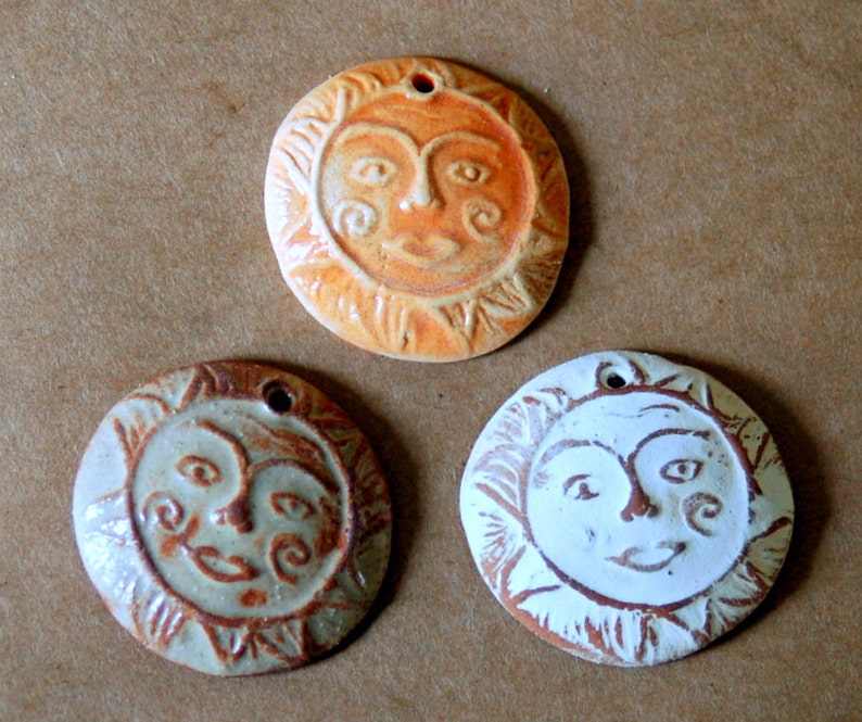 3 Handmade Ceramic Sun Pendants Sun Beads in neutral, rust, and orange Summer Sun Charms made of Clay Rustic, Boho Sun Focals image 1