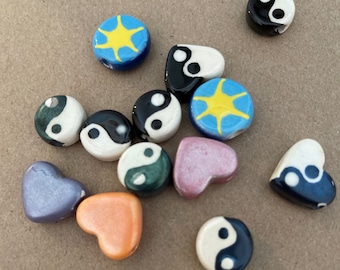 13 Assorted Vintage Ceramic Beads - Boho Mid Century Clay beads in bold primary glazed colors - macramé supplies - Yin Yang and Heart Beads