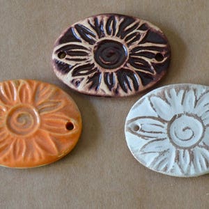 3 Handmade Ceramic Sunflower Beads - Sweet Set of Bracelet Links - Rustic Sunburst Beads - Stoneware Connectors