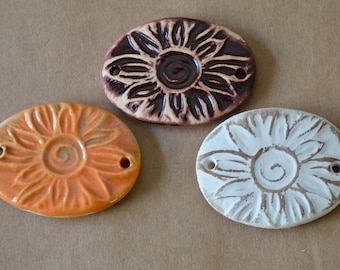 3 Handmade Ceramic Sunflower Beads - Sweet Set of Bracelet Links - Rustic Sunburst Beads - Stoneware Connectors