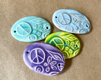 4 Handmade Ceramic Peace Sign Bracelet Beads - Ceramic Bracelet Link with Peace and Love - Hemp Supplies - Boho Hippie Clay Connectors