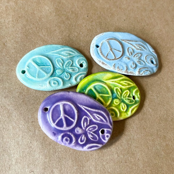 4 Handmade Ceramic Peace Sign Bracelet Beads - Ceramic Bracelet Link with Peace and Love - Hemp Supplies - Boho Hippie Clay Connectors