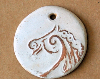 Rustic  Horse Ceramic Bead - Handmade Pendant Bead in Neutral with Extra Large Hole - Jewelry Supplies