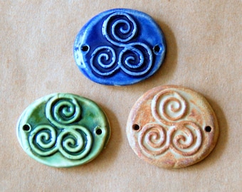 3 Handmade Ceramic Beads - Triskele Bracelet Links in Rustic Colors - Triple Spiral Celtic Connector Cuff Beads
