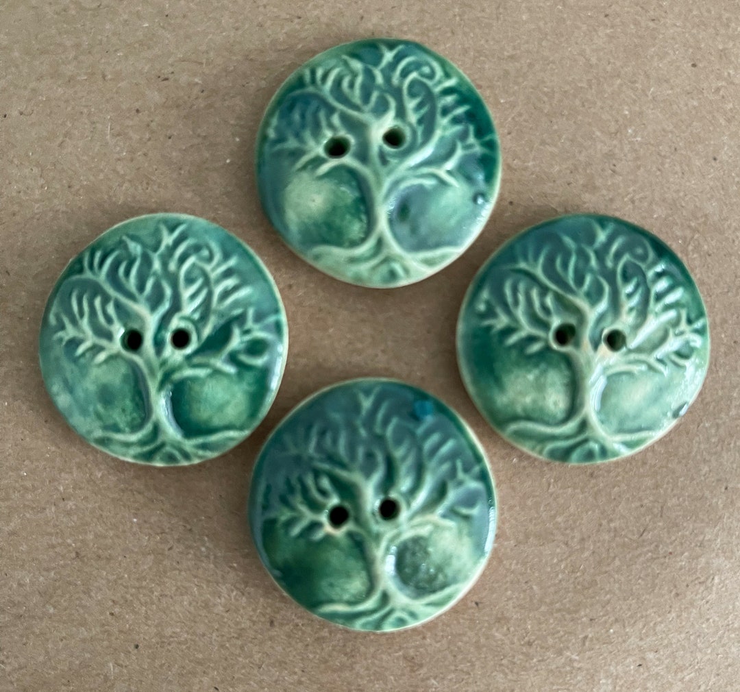 4 Handmade Ceramic Buttons - Deep Green Tree of Life Buttons - Handmade ...