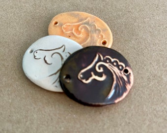 3 Ceramic Bracelet Beads - Sweet Set of Horse Links - Handmade Folk Art Horse Beads - Stoneware Connectors - Handmade Supplies