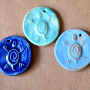 3 Handmade Ceramic Turtle Beads Stoneware Turtle Pendants Ocean Themed Pendants in Aqua, Rustic Sky Blue and Gloss Blue Turtle Charms image 1
