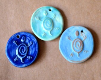3 Handmade Ceramic Turtle Beads - Stoneware Turtle Pendants - Ocean Themed Pendants in Aqua, Rustic Sky Blue and Gloss Blue - Turtle Charms
