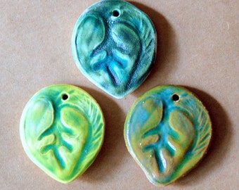 3 Handmade Ceramic Pendants - Green Leaf Beads - Stoneware Leaves in Gorgeous Greens - Natural Themed Handmade Supplies for Rustic Jewelry