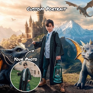 Custom Child Dragon Adventure Portrait – Magical Fantasy Castle Background with Baby Dragons – Unique Kids Artwork