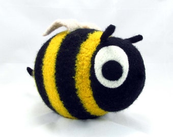 Bee Snooter-doot – felted wool toy, whimsical soft-sculptured doll, hand-knit plush, decorative softie, collectible stuffie, black yellow