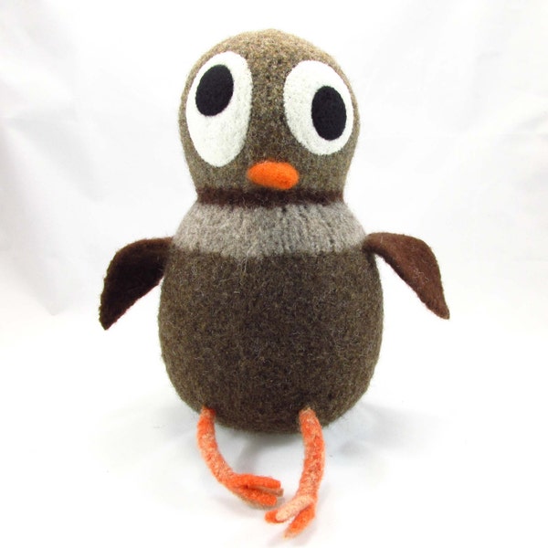 Owl Snooter-doot – felted wool toy, whimsical soft-sculptured doll, hand-knit plush, decorative softie, collectible stuffie, brown shades