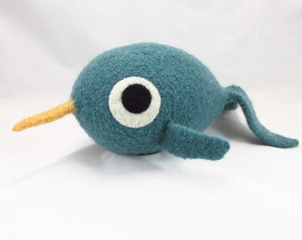 Narwhal Snooter-doot – felted wool toy, whimsical soft-sculptured doll, hand-knit plush, decorative softie, collectible stuffie, dusty aqua