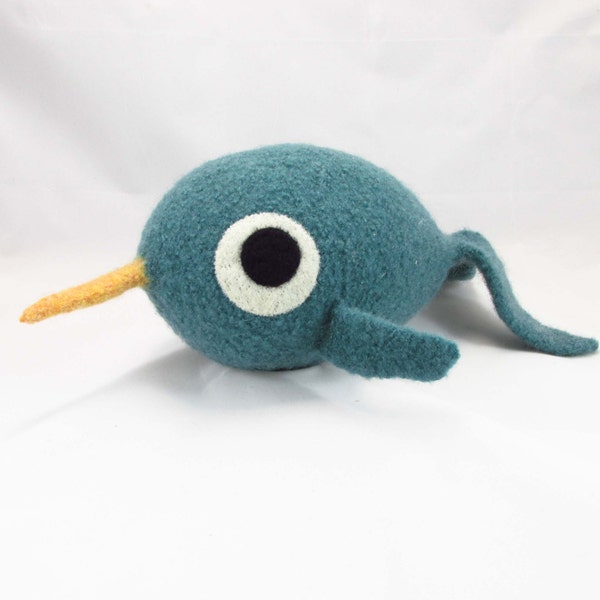 Narwhal Snooter-doot – felted wool toy, whimsical soft-sculptured doll, hand-knit plush, decorative softie, collectible stuffie, dusty aqua