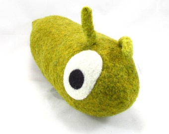 Banana Slug Snooter-doot – felted wool toy, whimsical soft-sculptured doll, hand-knit plush, decorative folk art softie, collectible stuffie