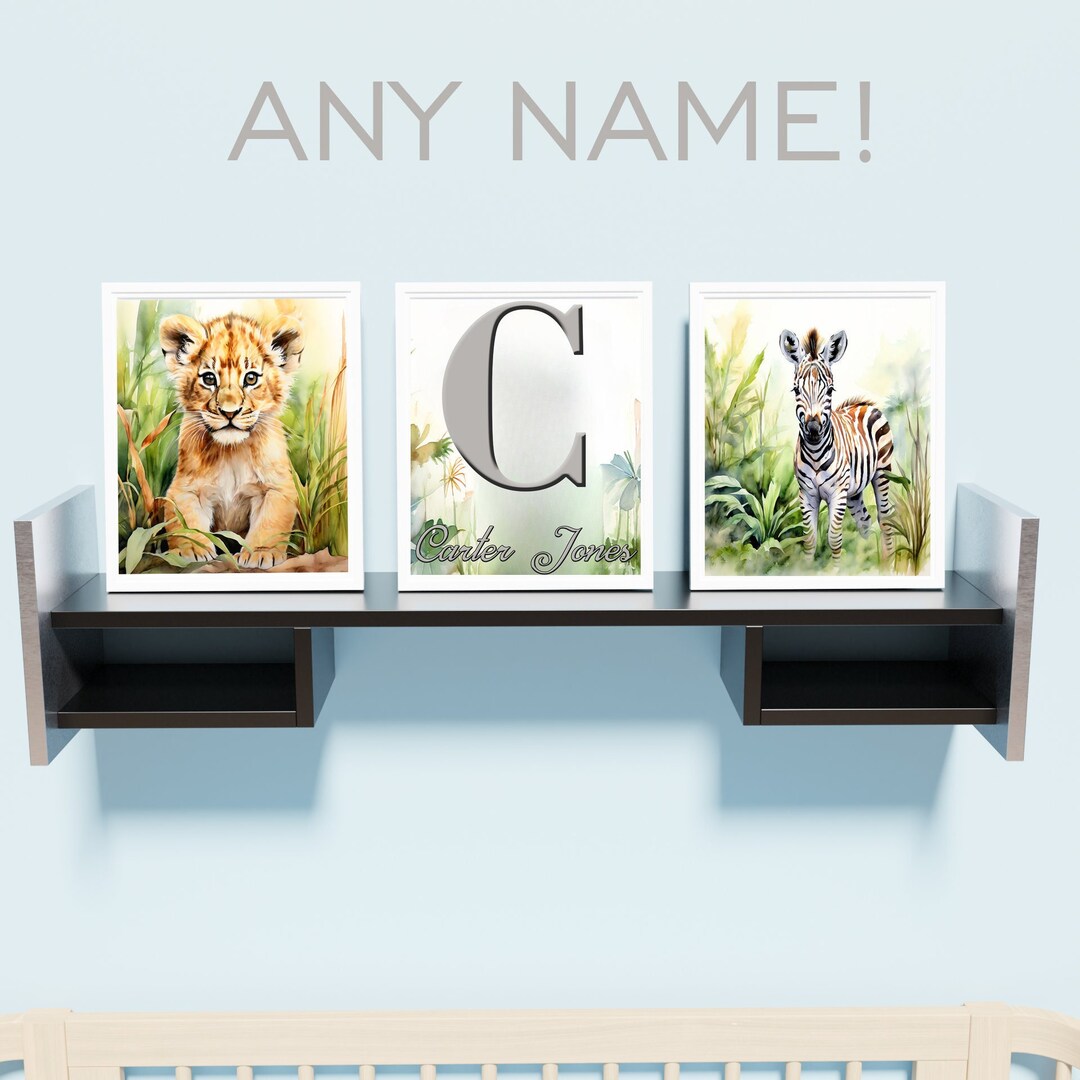 Watercolor Cute Safari Animals Photos Personalised Name Wall Art Baby ...