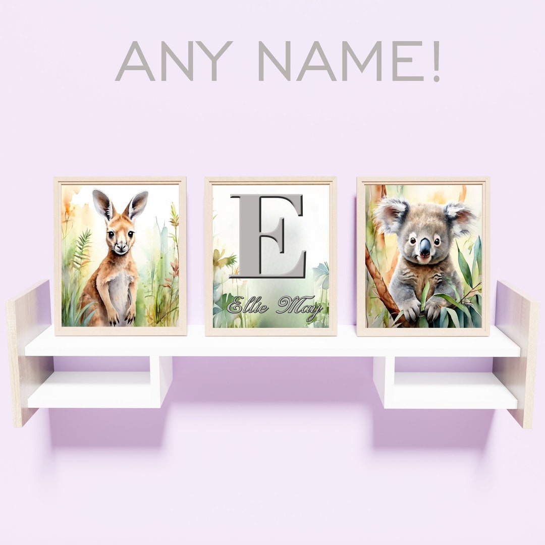 Watercolor Cute Safari Animals Photos Personalised Name Wall Art Baby ...