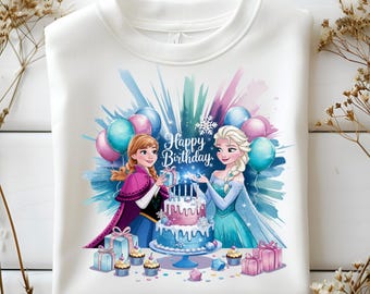 Frozen Birthday PNG, Elsa Anna Cake Clipart, Kids Party Design, Frozen Themed Digital Art, Birthday Sublimation Design for Kids Shirts