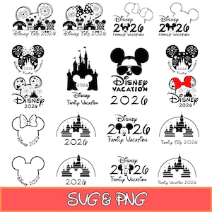 Può includere: Una collezione di design Disney in bianco e nero in formato SVG e PNG. I design includono sagome di Mickey e Minnie Mouse, illustrazioni di castelli e il testo "Disney Vacation 2026" e "Disney Trip 2026".